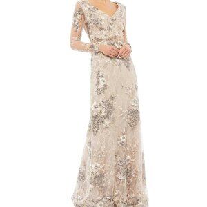 MAC DUGGAL 67539 Taupe Embellished V-Neck Illusion Long‎ Sleeve Gown 6 NWT $698